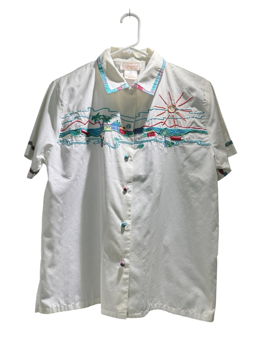 Vintage White Embroidered Coastal Scene Short-Sleeve Button-Down Shirt Size 10 - Picture 8 of 11